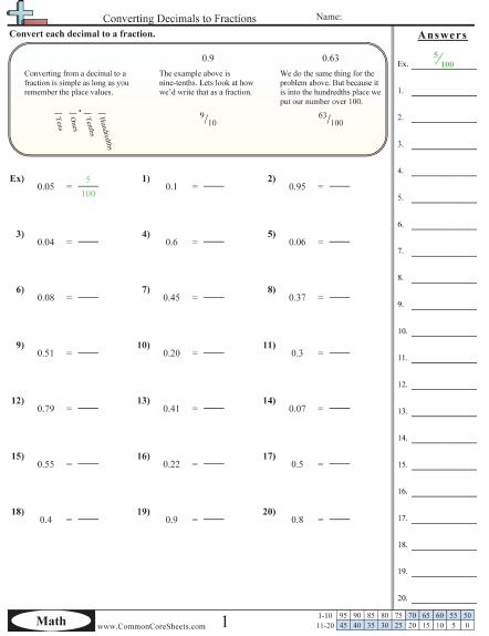 Converting Forms Worksheets - Converting Decimals to Fractions  worksheet